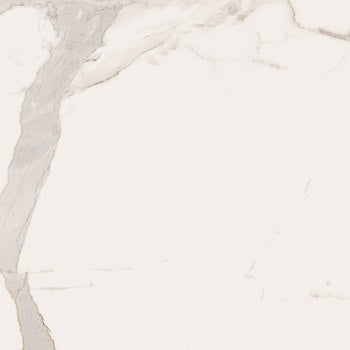 Porcelain tile with Calacatta marble veining in a soft matte white, refined rectified edges for seamless luxury.