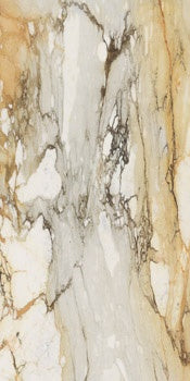 Luxurious large-format porcelain tile with Calacatta marble veining in refined white, semi-glossy finish.