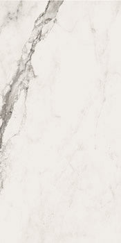 Luxurious rectified porcelain tile with Calacatta marble veining in refined white, semi-glossy finish for elegant modern interiors.