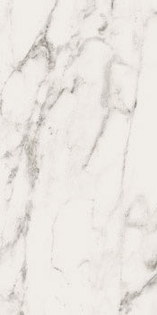 Luxurious matte porcelain tile with refined Calacatta marble veining in a serene white palette, rectified edges for seamless elegance.