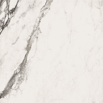 Luxurious Calacatta marble-effect porcelain tile with refined veining in a serene white palette, rectified edges for seamless elegance.