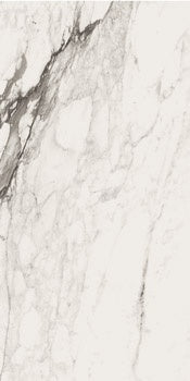 Luxurious large-format porcelain tile with refined Calacatta marble veining on a bright white semi-gloss surface.