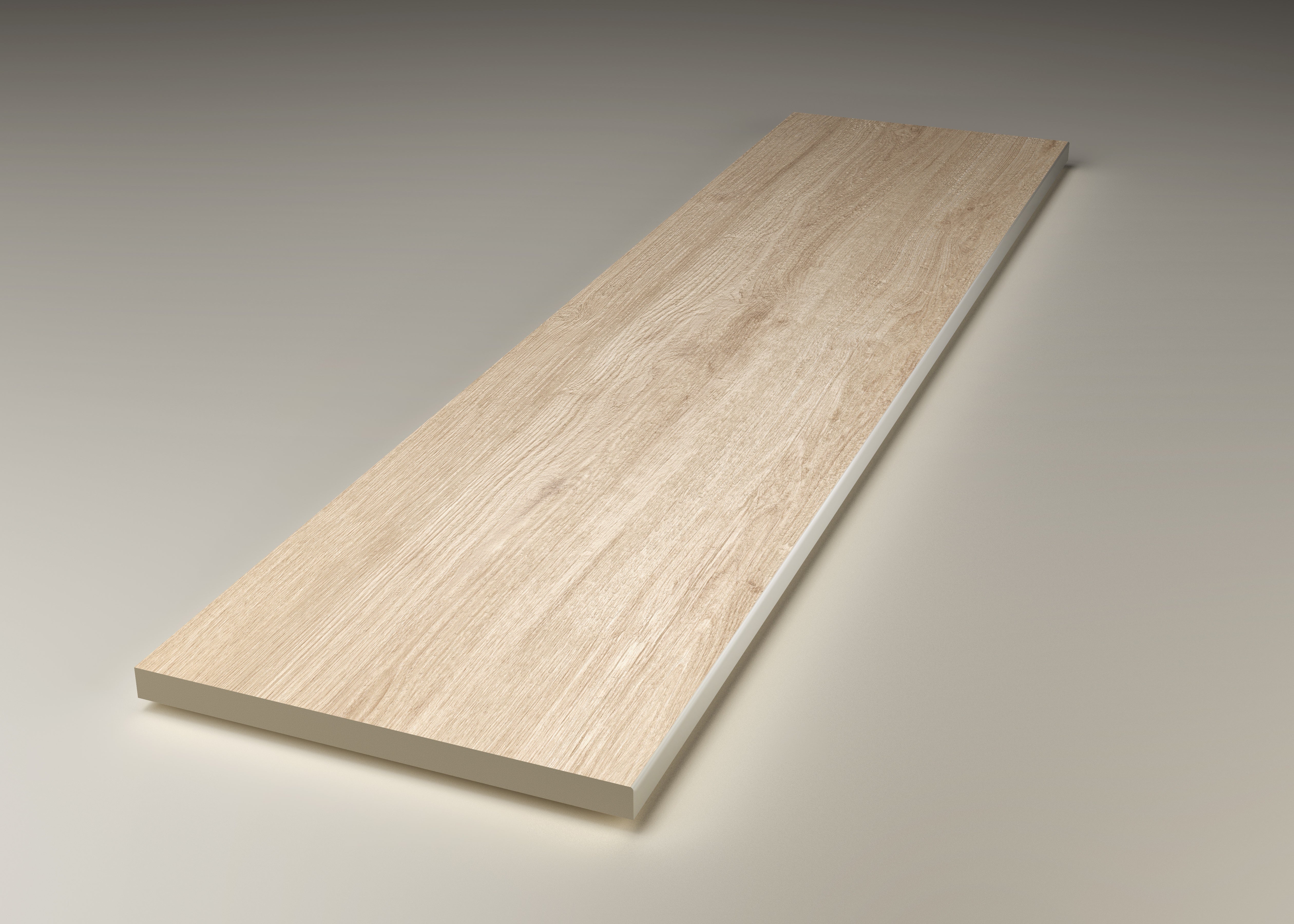 Distressed Venetian briccola wood-effect porcelain plank in warm beige with a matte, textured finish and polished edges.