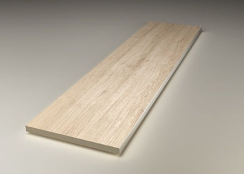 Distressed Venetian briccola wood-effect porcelain plank in warm beige with a matte, textured finish and polished edges.