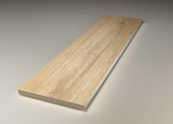 Matte honey-toned porcelain plank with weathered briccola wood texture and Venetian lagoon charm, rectified edges for seamless luxury.