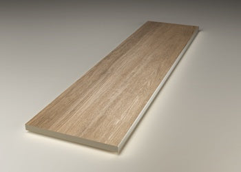 Matte hazelnut porcelain plank with Venetian briccola texture, evoking weathered wood and coastal elegance in rustic-luxury style.