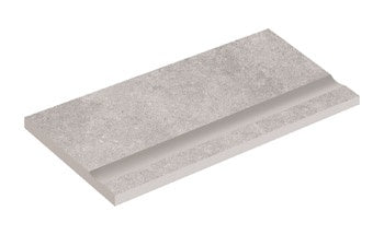 Elegant matte silver porcelain pool edge with refined wood-effect inlay, exuding serene minimalist harmony and rustic sophistication.