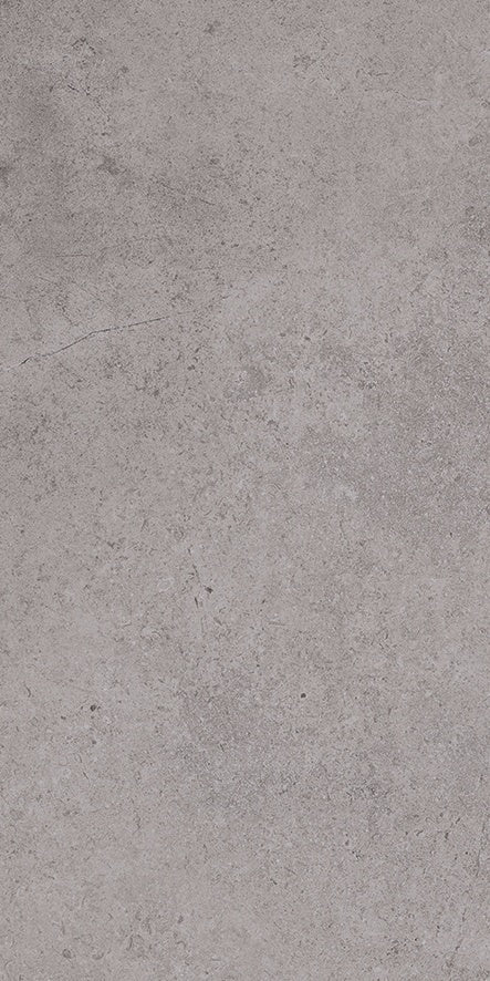 Matte gray porcelain wall tile with soft wood-effect inlay, evoking minimalist serenity and natural elegance in a refined, earthy palette.