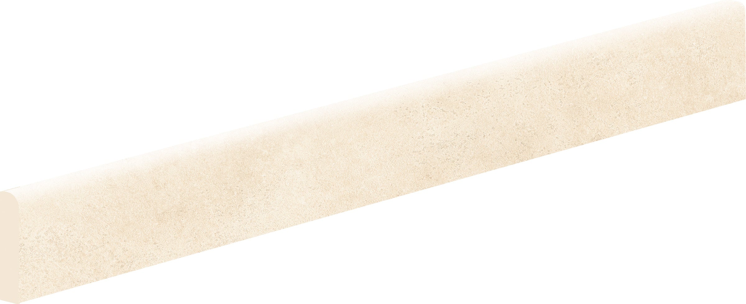 Sleek white porcelain bullnose trim with playful 3D texture, blending modern refinement with lively stone-inspired charm.