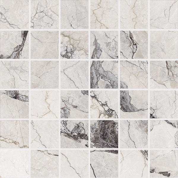 A refined white marble-inspired porcelain mosaic with delicate veining, offering timeless elegance and sophisticated texture for luxurious interiors.