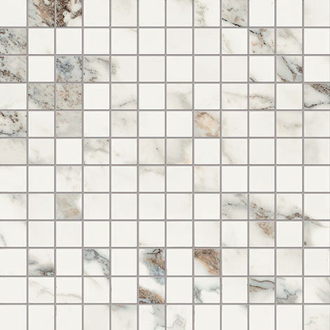 Elegant white marble-effect porcelain mosaic with refined breccia Capraia veining in a timeless straight-stack pattern.