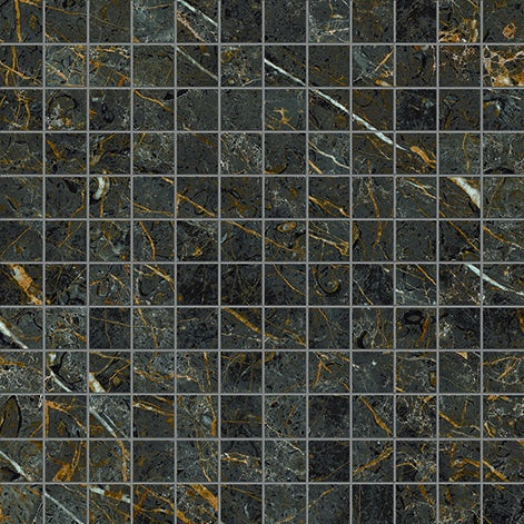 A matte porcelain mosaic with warm brown-grey marble veins, golden-black accents, and refined interlocking squares for timeless luxury.