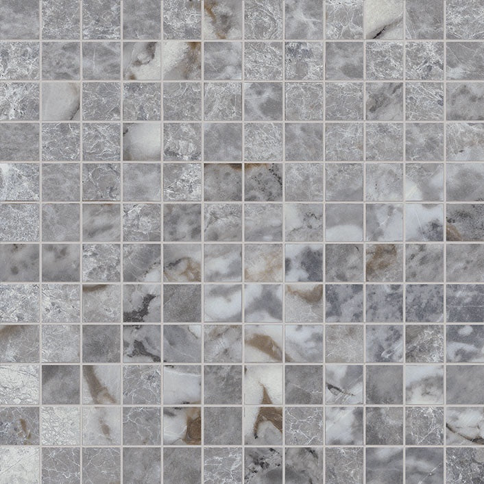 Elegant dove-grey marble-look porcelain mosaic with subtle veining, matte finish, and refined straight-stack pattern for luxurious walls.