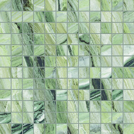Matte green-grey marble-look porcelain mosaic with golden veining, rectified edges, and timeless elegance for refined interiors.