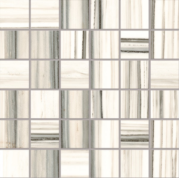Luxury white marble-effect porcelain mosaic with refined Zebrino veining, semi-matte finish, and timeless straight-stack pattern.