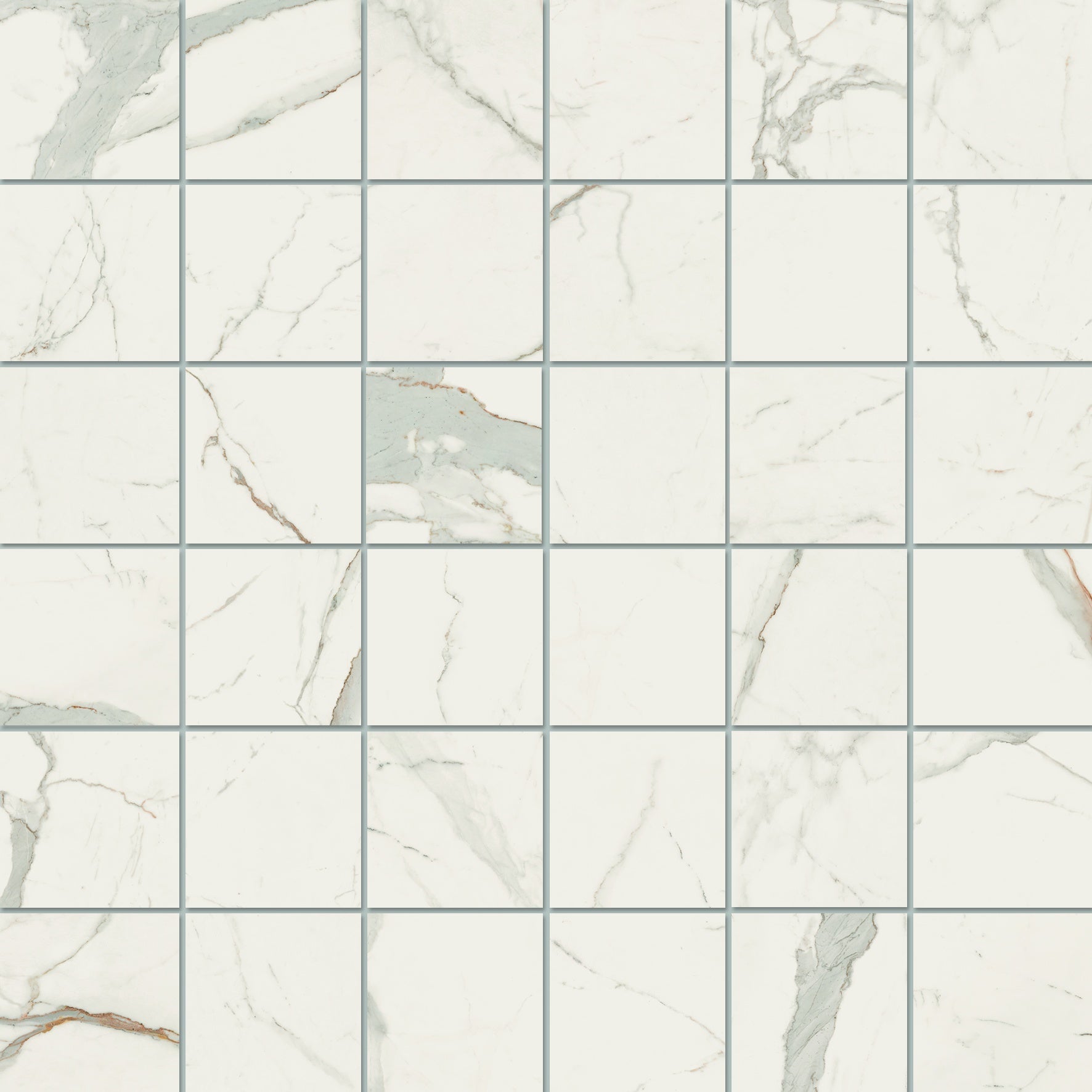 Matte white porcelain mosaic with Calacatta marble veins in a refined straight-stack pattern, exuding serene minimalist luxury.
