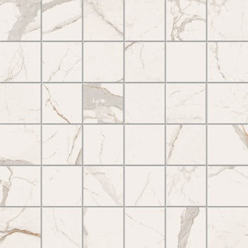 Matte white porcelain mosaic with Calacatta marble veins in a refined straight-stack pattern, exuding serene minimalist luxury.