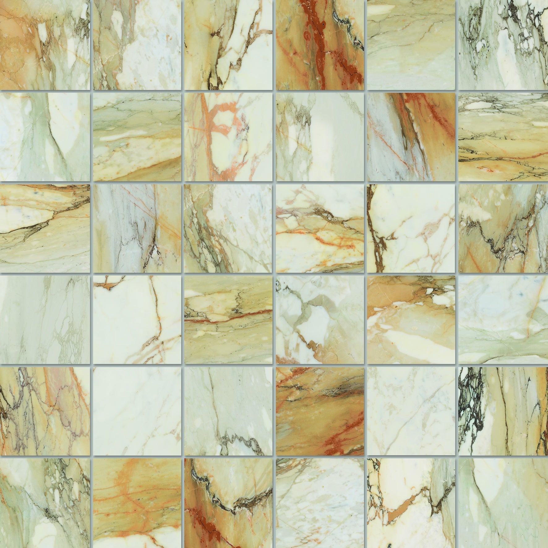 Matte white Calacatta marble-effect porcelain mosaic tiles in a refined straight-stack pattern, exuding serene minimalist luxury.