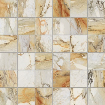 Matte white Calacatta marble-effect porcelain mosaic tiles in a refined straight-stack pattern, exuding serene minimalist luxury.