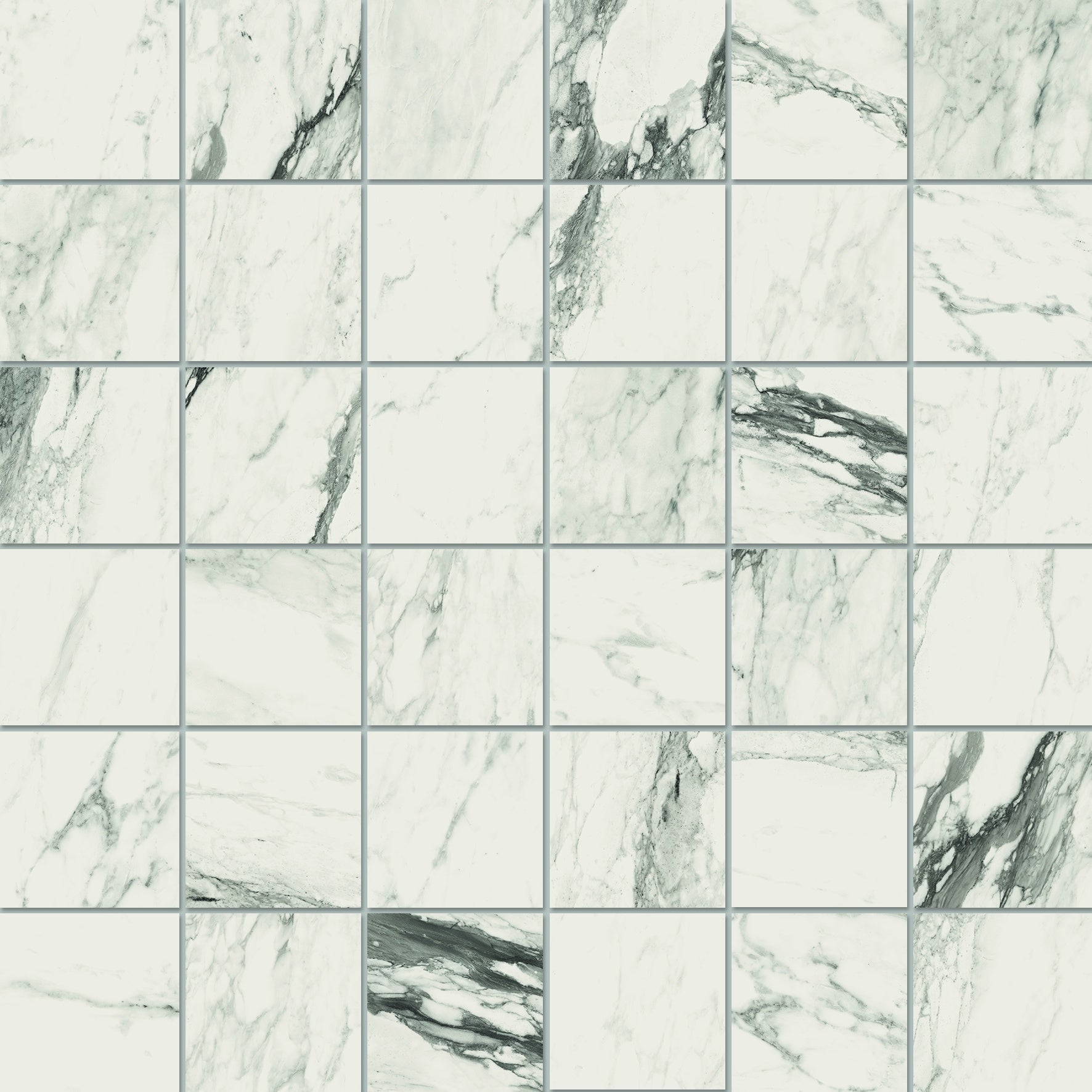 Matte white porcelain mosaic with Calacatta marble veins in a refined straight-stack pattern, exuding serene luxury.