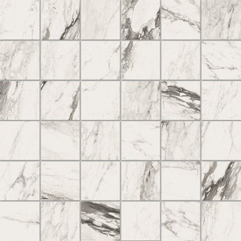 Matte white porcelain mosaic with Calacatta marble veins in a refined straight-stack pattern, exuding serene luxury.