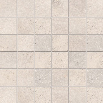 Warm almond-hued porcelain mosaic with handcrafted charm, matte textured finish, and timeless earthy elegance in an interlocking straight-stack design.