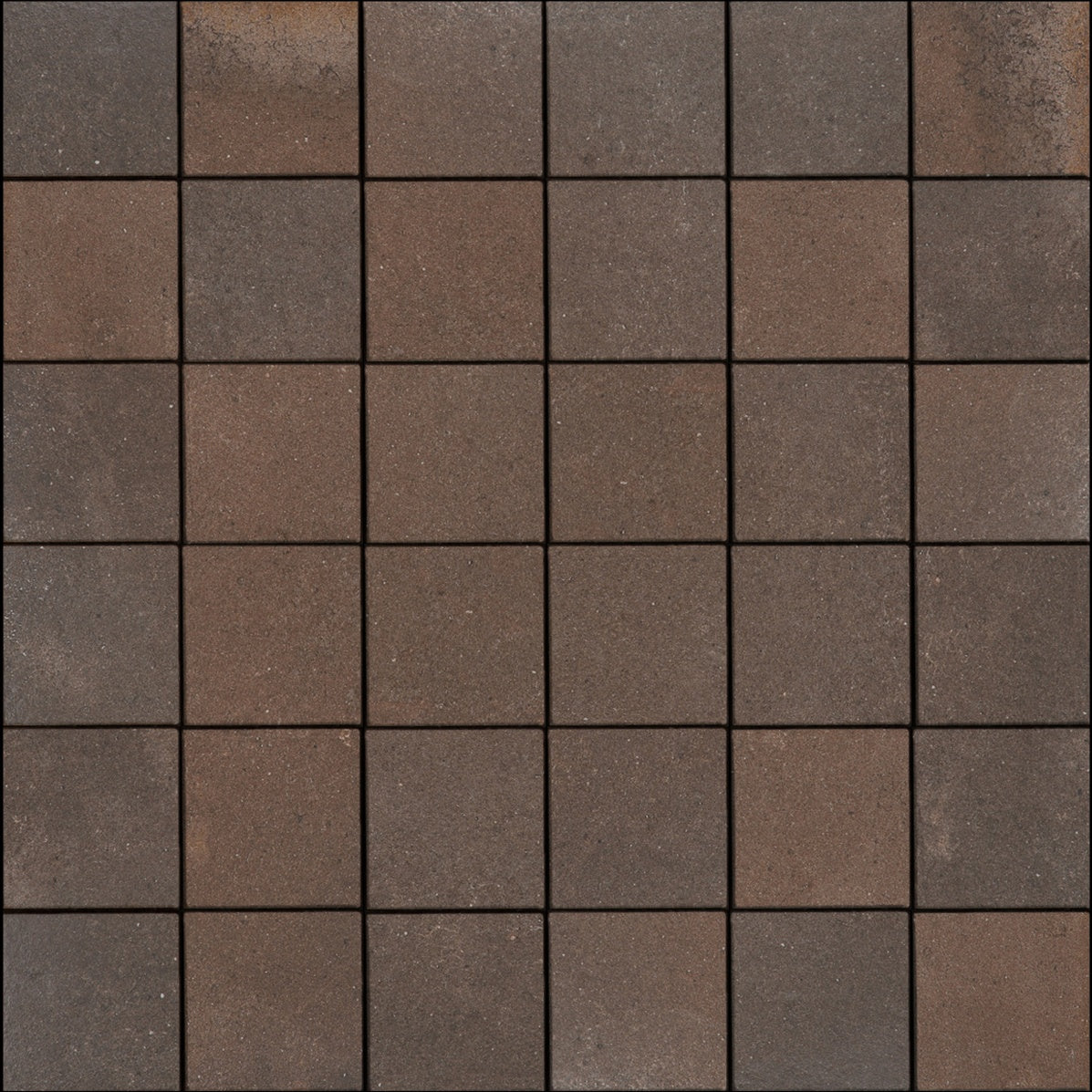 Handcrafted brown porcelain mosaic with warm terracotta tones, matte textured surface, and timeless earthy elegance.