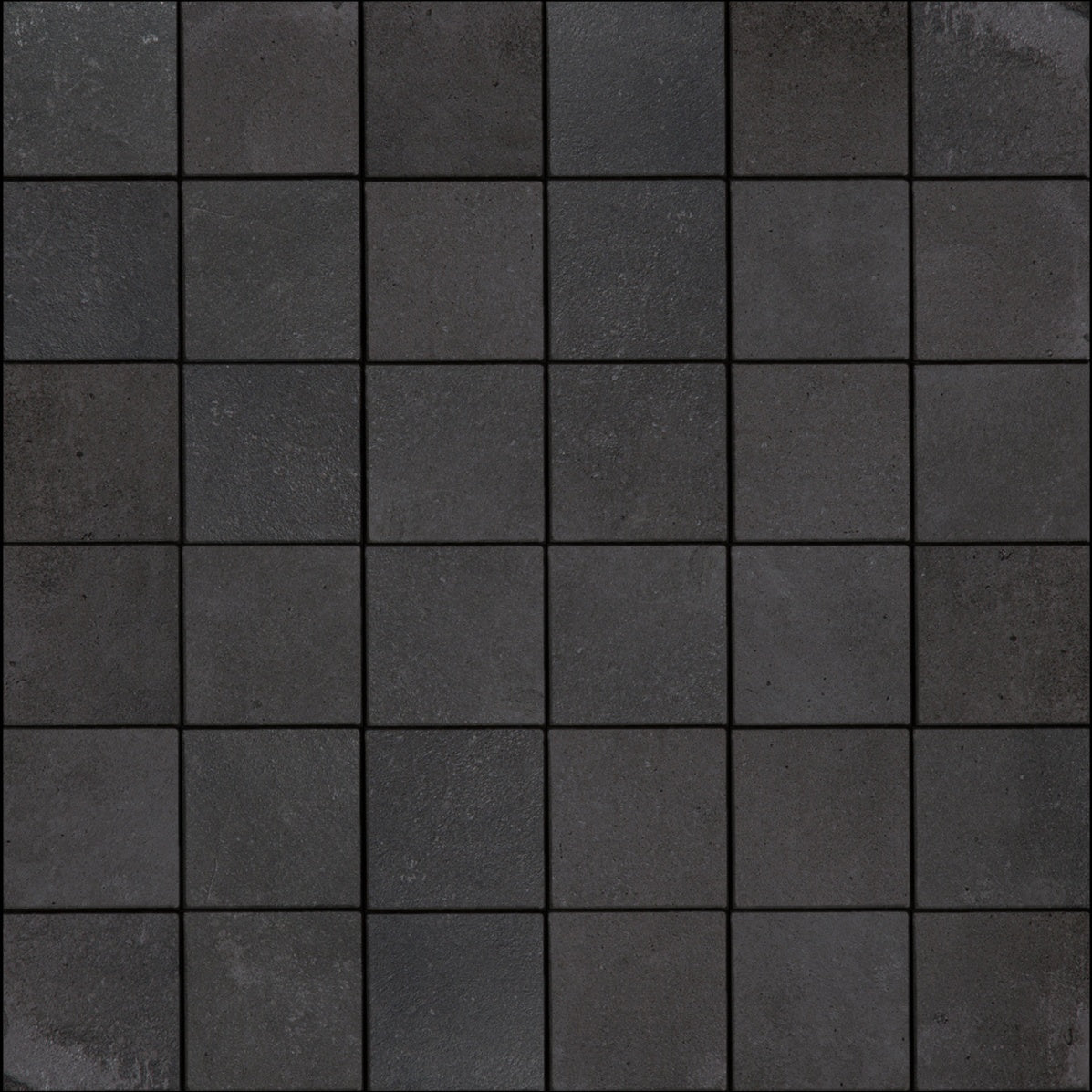 Matte black porcelain mosaic with warm oxidized texture, evoking handcrafted terracotta charm in a sleek straight-stack pattern.