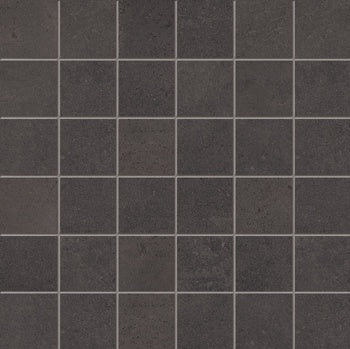 Matte black porcelain mosaic with warm oxidized texture, evoking handcrafted terracotta charm in a sleek straight-stack pattern.