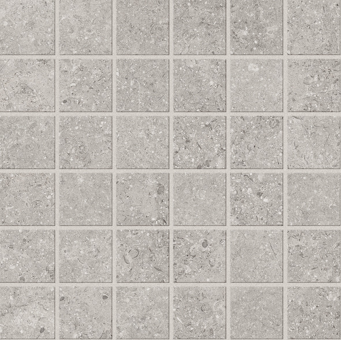 Matte silver-gray porcelain mosaic with subtle wood inlay, evoking serene minimalist harmony in soft dusty tones.