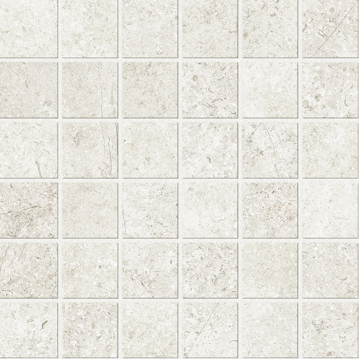 Ivory porcelain mosaic with warm beige tones, matte stone-inspired texture, and refined interlocking squares for serene, timeless elegance.