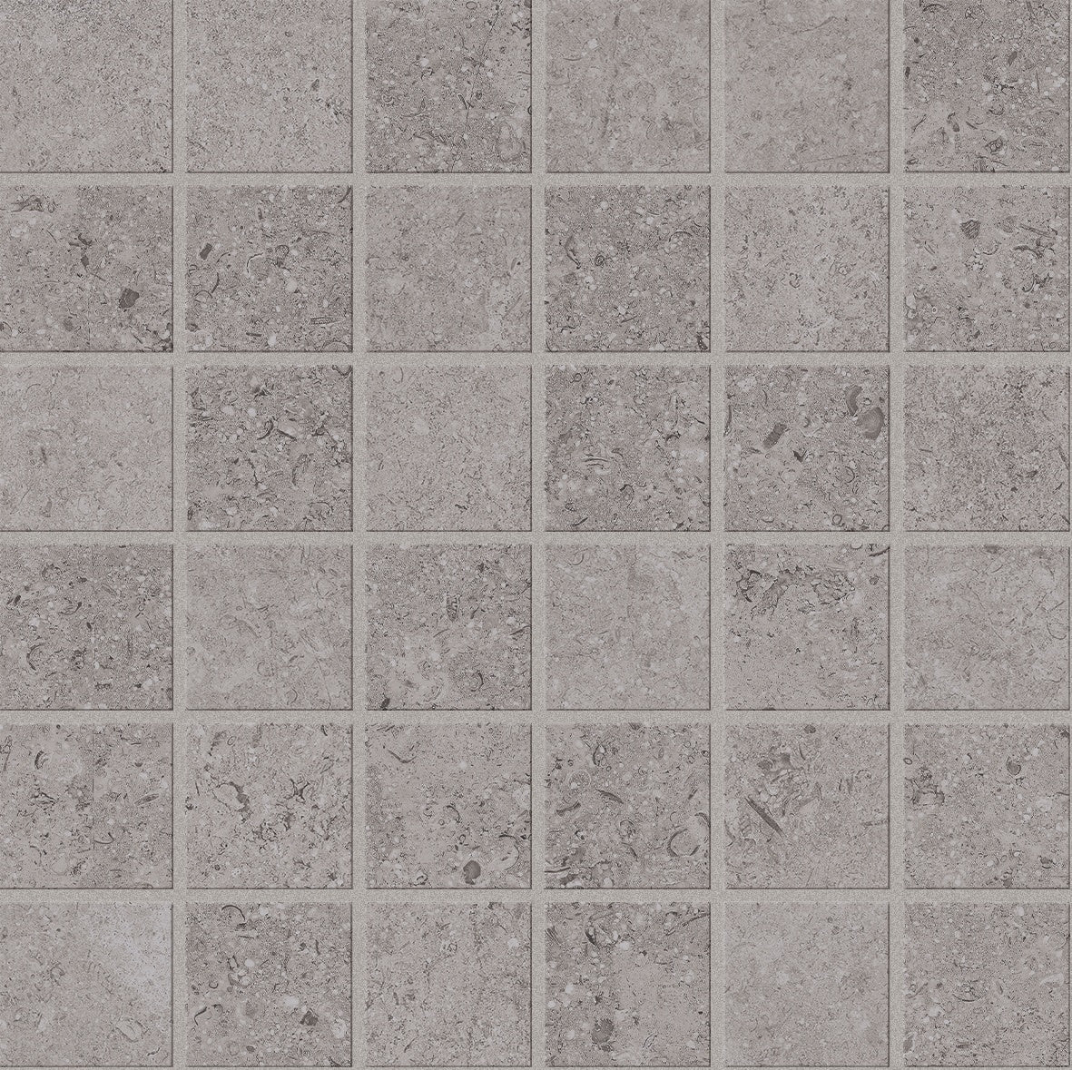 A matte gray porcelain mosaic with soft resin-like texture, interlocking square tiles in a refined straight-stack pattern, evoking serene minimalist harmony.