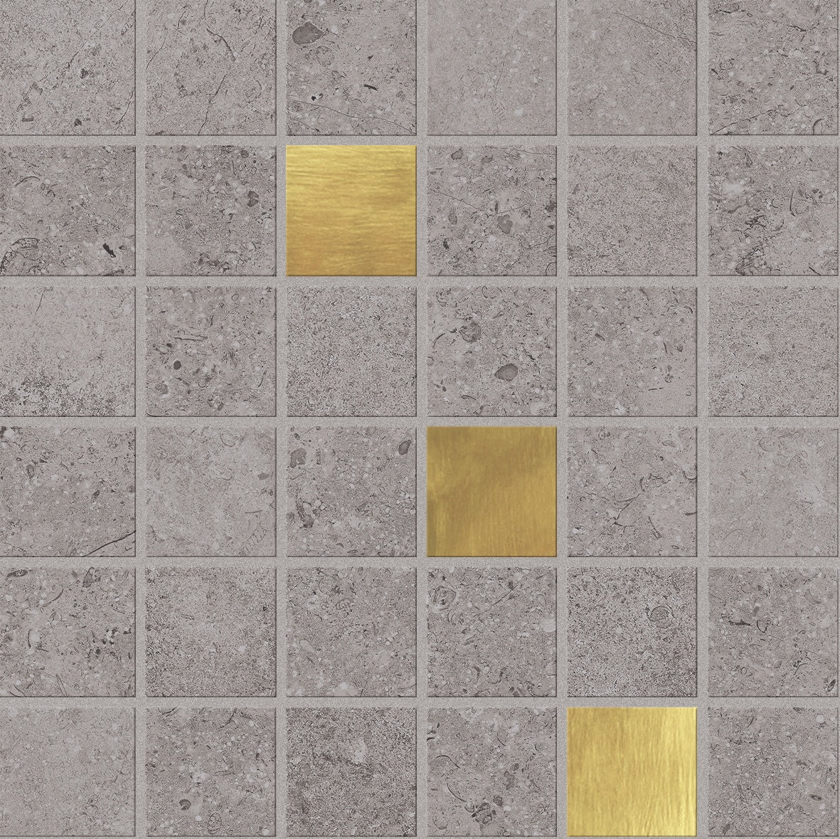 Matte gray porcelain mosaic with subtle wood inlay, evoking serene minimalist harmony in a refined, tactile surface.