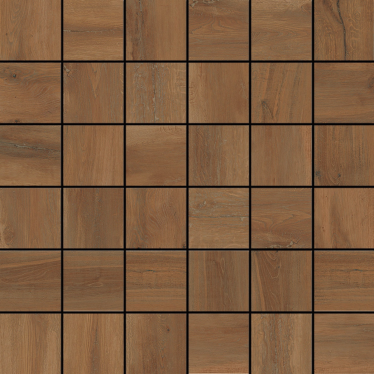 Handcrafted porcelain mosaic with warm, aged wood grain texture in a refined dark beige, evoking timeless rustic elegance.