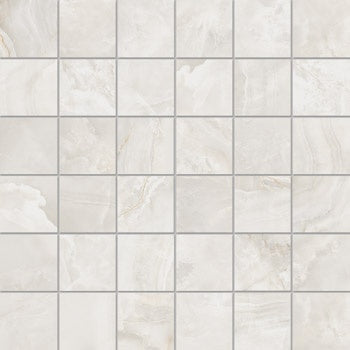 Elegant matte white porcelain mosaic with a refined onyx effect, interlocking squares in a serene straight-stack pattern.