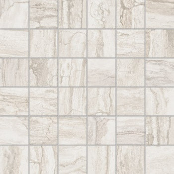 Matte white porcelain mosaic with travertine-inspired texture, elegant straight-stack pattern for serene luxury interiors.