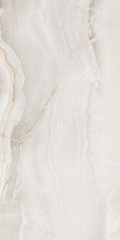 Luxurious porcelain tile with serene onyx veining in pure white, semi-glossy finish for refined modern interiors.