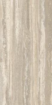 Luxurious textured travertine-look porcelain tile in warm hazelnut with a refined semi-matte finish and subtle 3D depth.