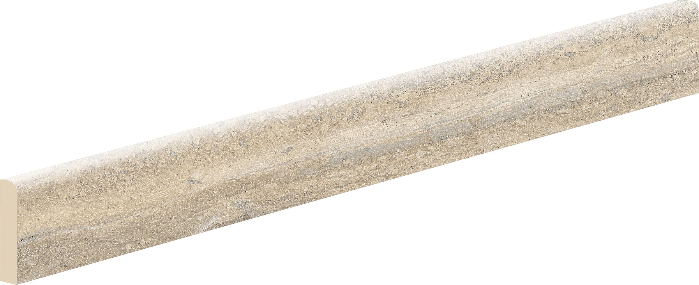 Handcrafted hazelnut porcelain bullnose trim with warm travertine texture for refined contemporary interiors.