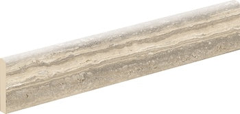 Handcrafted hazelnut porcelain bullnose trim with warm travertine texture for refined contemporary interiors.