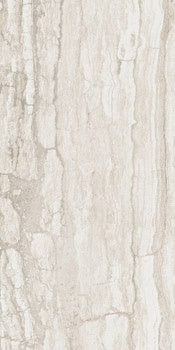 Large-format white porcelain tile with soft travertine texture in a refined matte finish, exuding serene minimalist luxury.