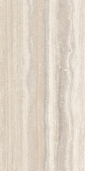 Luxurious textured travertine-look porcelain tile in warm beige, with a refined 3D surface and semi-matte finish, evoking artisan elegance.