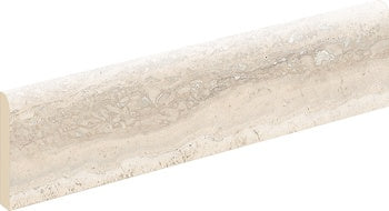 Sleek beige porcelain bullnose trim with warm travertine texture, semi-matte finish for refined contemporary interiors.