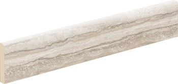 Luxurious beige porcelain bullnose trim with soft travertine texture, warm semi-matte finish, and artisan-crafted contemporary elegance.
