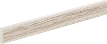 Soft beige porcelain bullnose trim with travertine-inspired texture, semi-matte finish, and warm artisan elegance for refined interiors.
