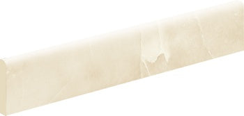 Elegant almond porcelain bullnose trim with a softly textured travertine look, radiating timeless luxury and refined harmony.