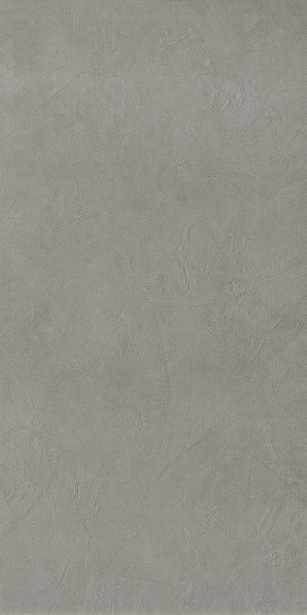 Sleek rectified porcelain tile in matte gray with subtle 3D texture, evoking minimalist resin flooring for modern interiors.