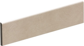 Sleek almond bullnose trim with a matte, 3D-textured finish—minimalist resin-inspired porcelain for seamless contemporary transitions.