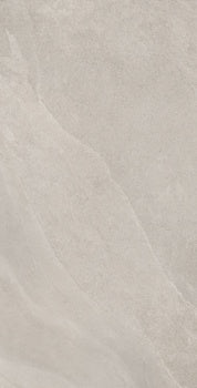 Softly textured beige porcelain tile with organic slate-like ripples and subtle furrows, evoking serene stone forest elegance.