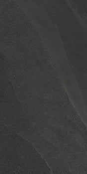 Black porcelain tile with a soft matte slate texture, rippling like weathered stone, evoking serene yet dramatic natural elegance.